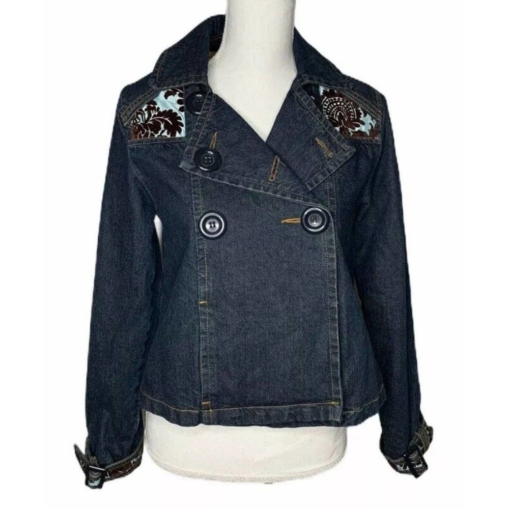 Womens La Bonne Vie Cropped Denim Trench Coat Jean Jacket Blue Brown Print Sz S